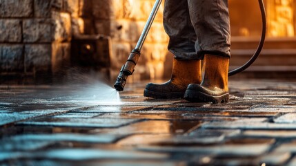 Man cleaning pavement with high-pressure water, service concept