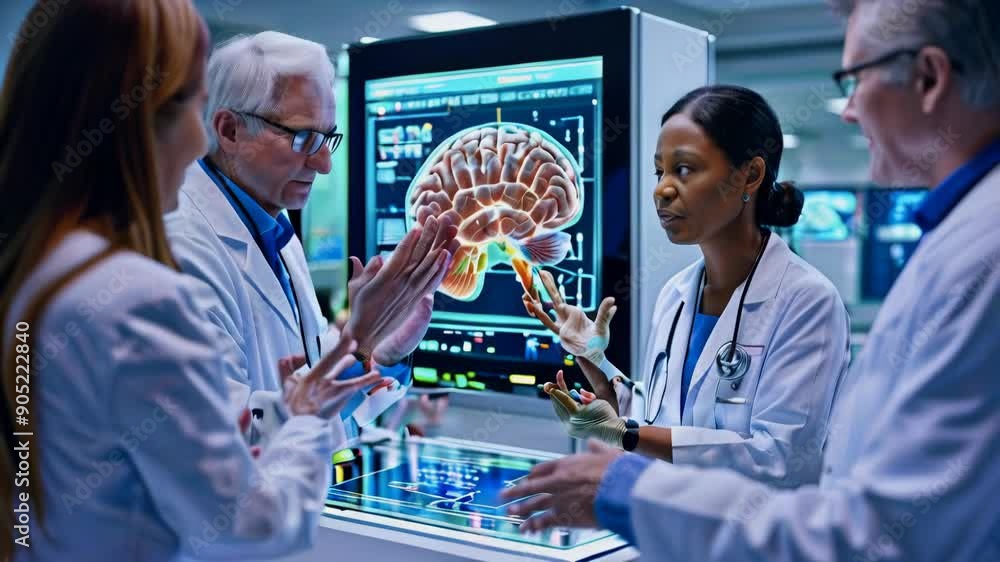 Poster focus on the hand gestures of colleagues gathered around an interactive touch screen table with an m