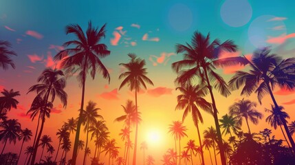 Silhouettes of palm trees against a colorful tropical sunset, creating a tranquil and picturesque scene.