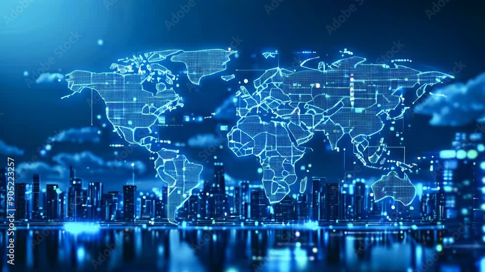 Poster cloud computing for data storage and transfer for safety, cloud icon with data icon on a world map b