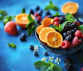 Plate with berries and fruit on a bright blue background, rich juicy colors. Close up.