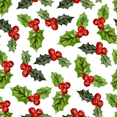 Christmas seamless pattern red holly berries and green leaves watercolor vector background 