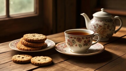  Cozy afternoon tea setting with biscuits and floral tea set