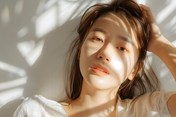 Close Up Portrait of Beautiful Woman with Long Hair Lying in Bed with Sunlight