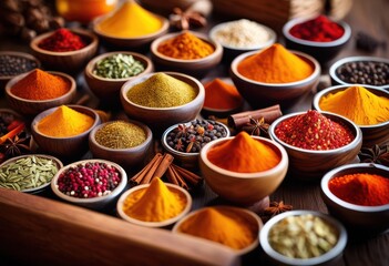 Fototapeta premium colorful display diverse spices transparent containers showcasing vibrant arrangement aromatic ingredients, seasoning, flavor, herb, kitchen, gourmet