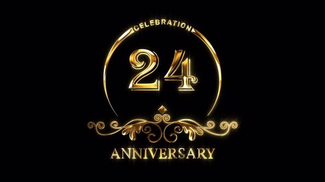 24th Anniversary Celebration. Happy 24 Years Anniversary Animation in Gold Color on the Transparent Background, Alpha Channel. Great for greetings, celebrations, events, and gifts.