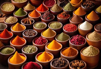 Fototapeta premium vibrant display assorted spices colorful containers showcasing rich textures varied hues culinary delights, seasoning, herb, flavor, ingredient, aroma