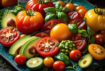 visually appealing meal arrangement colorful patterned background featuring fresh ingredients artistic presentation, food, backdrop, dish, table, design