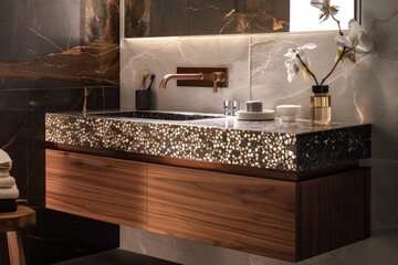 Fototapeta premium a bathroom with a marble counter top and wooden cabinets