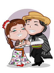 CIMAHI, INDONESIA-AUGUST 1, 2024-Cute chibi boy and girl do paraguay dance wear traditional costume. Vector graphic design character illustration for collection, poster,background,wallpaper,sticker.