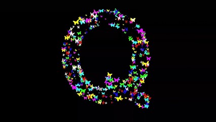English alphabet Q with colorful butterflies on plain black background