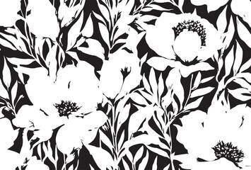 art vintage monochrome watercolor and graphic floral pattern with leaves on light background; Seamless Pattern; Illustration