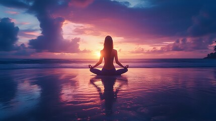 Fototapeta premium Silhouette of woman meditating on a beach at sunset.
