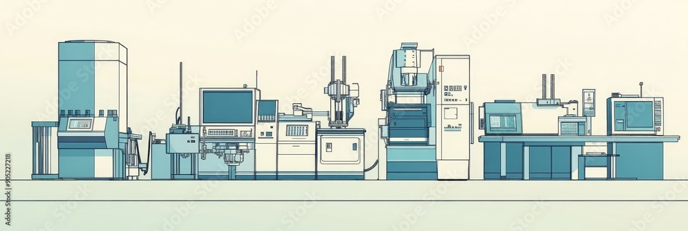 Poster a streamlined production line with multiple machines working in unison, representing efficiency, aut