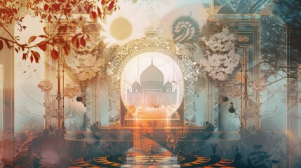 A surreal landscape depicting a gateway leading to an ancient palace, symbolizing mystery, wonder, exploration, culture, and spirituality.