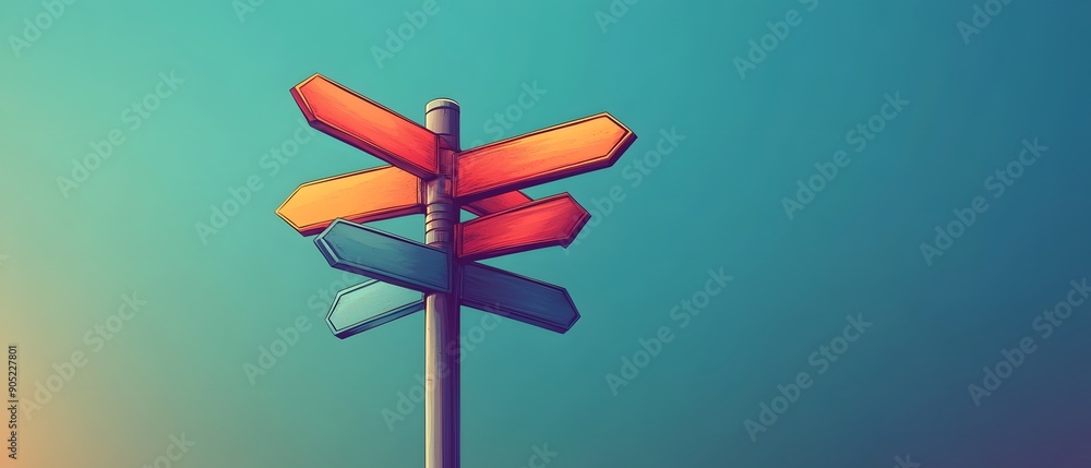Poster wooden signpost with arrows pointing in different directions.