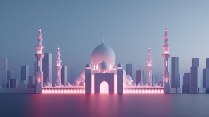 Obraz premium A beautifully crafted mosque, its domes and minarets glowing with neon lights, set against the energetic backdrop of a futuristic cityscape