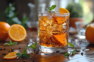 Refreshing Citrus Cocktail With Mint Garnish Served on Wooden Table With Oranges