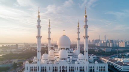 Obraz premium A bustling metropolis with a beautifully designed mosque at its center, the skyline filled with modern skyscrapers, and vibrant city life all around