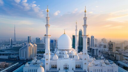 Fototapeta premium A bustling metropolis with a beautifully designed mosque at its center, the skyline filled with modern skyscrapers, and vibrant city life all around