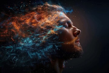 A striking depiction of an ethereal head from which a fiery explosion of colors erupts, symbolizing the vivid and dynamic burst of human emotions and thoughts.