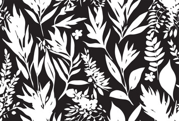 art vintage monochrome watercolor and graphic floral pattern with leaves on light background; Seamless Pattern; Illustration