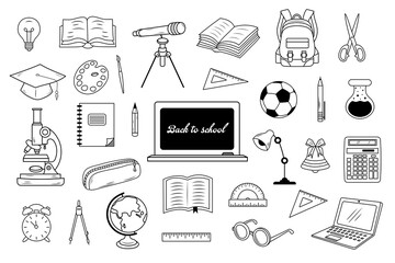 Back to school doodle icon set. Line art education icons. School supplies and stationery