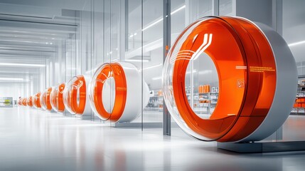 A detailed depiction of a futuristic nexus hub with bright red-orange circular merchandise displays, 