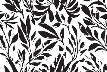 art vintage monochrome watercolor and graphic floral pattern with leaves on light background; Seamless Pattern; Illustration