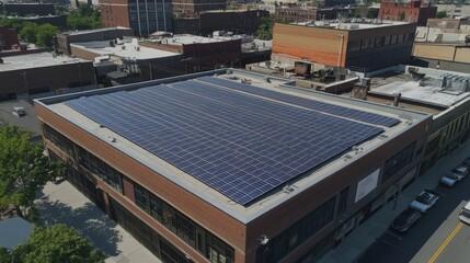 An aerial view showcasing a modern building with a rooftop covered in solar panels, symbolizing sustainable energy, environmental consciousness, renewable resources, and urban innovation.