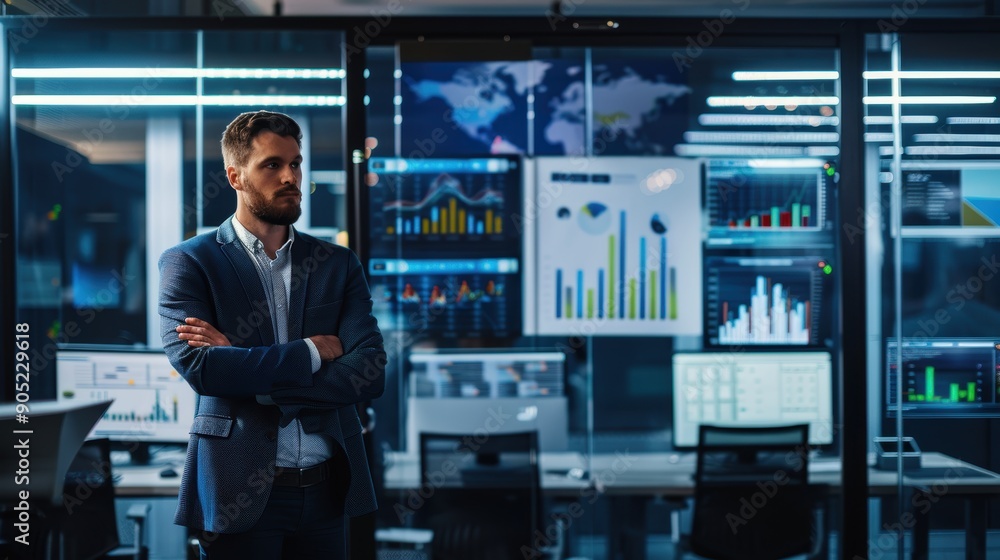Poster businessman is standing with arms crossed in a modern office with multiple screens displaying charts