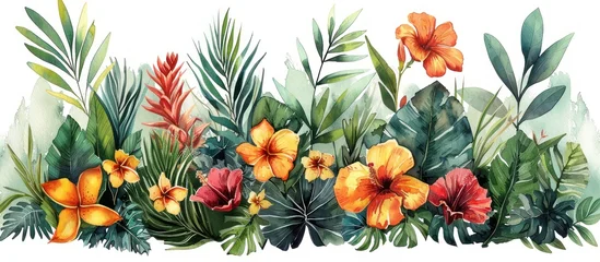 Fototapete Tropical Watercolor Floral Border © adiba