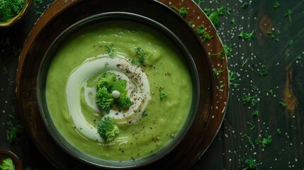 Pour cream into broccoli puree soup