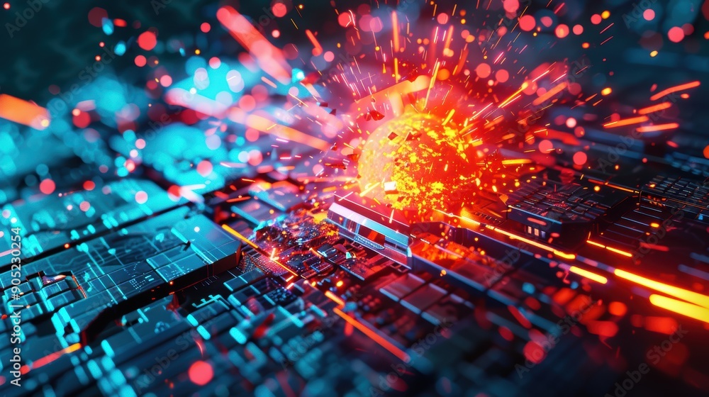 Poster futuristic circuit board with blue and red lights is experiencing a sphere exploding in the center