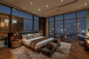 Naklejka premium A vast and spacious luxurious bedroom featuring elegant furnishings and a stunning city view. The floor-to-ceiling windows and modern decor add an exquisite touch.