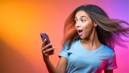 Young girl surprised and highly excited about the message on her smartphone
