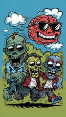 Zombies eat brains, chase, run, fun, T-shirt design or wallpaper, or wall art. Suitable for any decoration.