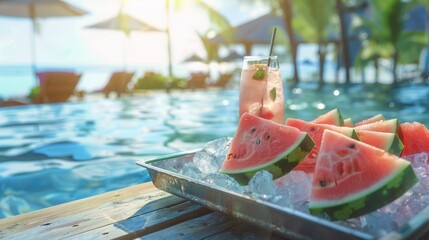 Obraz premium Fresh sweet ripe watermelon slices with a glass of juice on table in luxury vacation resort