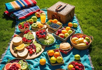 Obraz premium eye view beautifully arranged picnic colorful delicious scenic surroundings, blanket, food, basket, fruit, drink, cheese, sandwich, salad, dessert