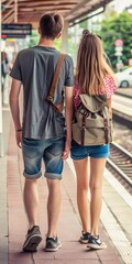 Obraz premium Young Couple Walking Together at the Train Station