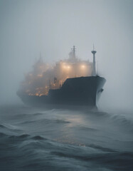 Fototapeta premium A cargo ship struggling through dense fog and towering waves in the early morning, with visibility near zero and the eerie sound of foghorns echoing. 