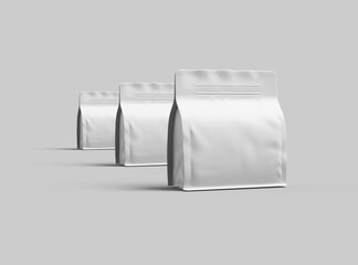 Render of a white glossy square doy-pack package with zipper on light background