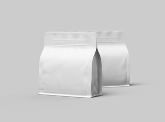 Render of a white glossy square doy-pack package with zipper on light background