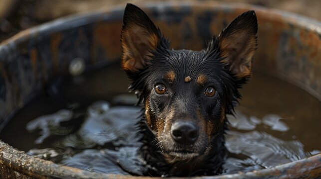australian kelpie swimming in trough after cattle muster