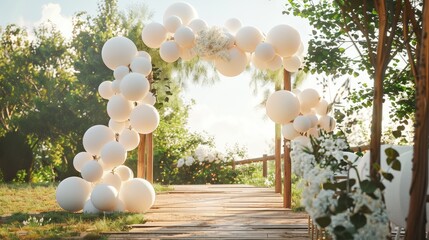 Outdoor wedding venue setting with white balloons decoration on arch