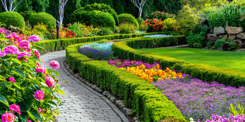 Beautifully designed backyard garden featuring a mix of colorful flower beds, neatly trimmed hedges, and a stone pathway winding through the greenery.