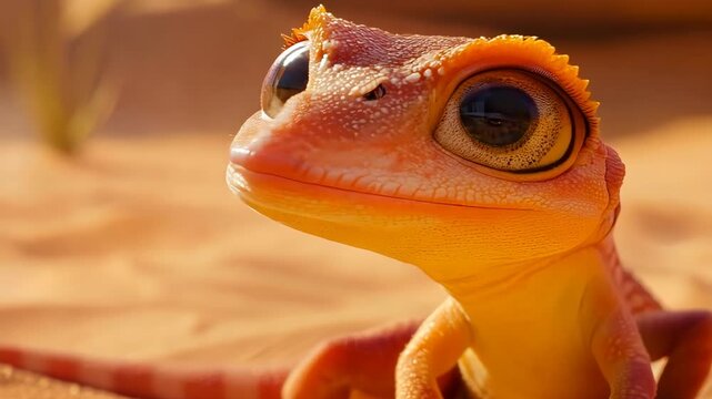 Curious gecko in desert sand showing adorable expressions up close
