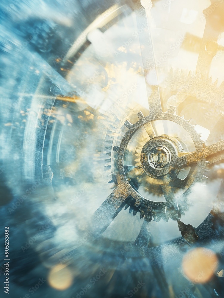 Poster a close-up image of intricate clockwork gears, symbolizing time, precision, and the mechanics of pro