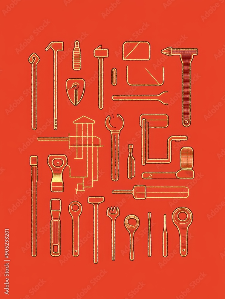 Poster a minimalist design showcasing a variety of tools arranged in a grid pattern, symbolizing craftsmans