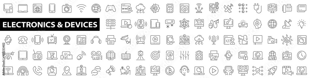 Poster technology and electronics and devices web icon set in line style. computer, device, phone, laptop, 